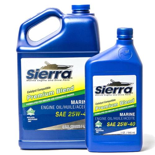 Aceite Motor Intraborda 4 Tiempos Sierra Premium Blend 25W-40 - Recomendado para su uso en motores Mercruiser, OMC y Volvo Penta.. El aceite 25W-40 (4 ciclos) ha sido formulado para proporcionar una excelente lubricación y protección contra la corrosión...