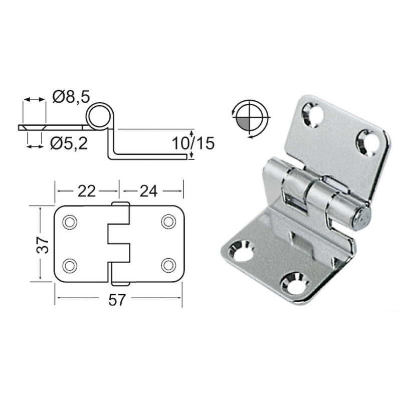 Bisagra de voladizo 57x37 - Bisagra angular de fundicin en acero inoxidable AISI 316.Grosor: 2 mm. Altura desnivel 10 o 15 mm