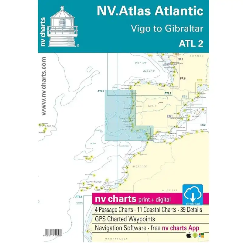NV Charts Atlas Atlantic ATL2 - Vigo to Gibraltar  - Conjunto de mapas encuadernados que comprenden desde Vigo hasta Gibraltar. Formato: Kombipack Papier / descarga digital y aplicacin