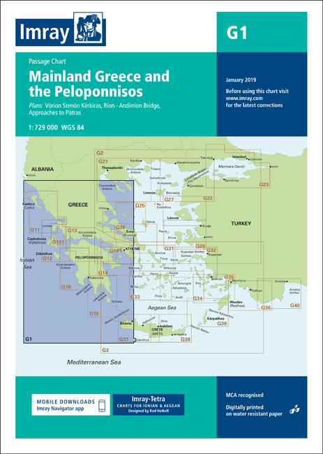 Carta Náutica Imray G1 - Mainland Greece and the Peloponnísos - Carta náutica G1. Mainland Greece and the Peloponnísos.   Edición inglesa.   Escala 1: 729.000