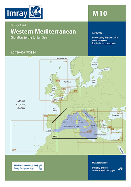Carta Náutica Imray M10 - Western Mediterranean - Carta náutica M10. Mediterráneo occidental. Gibraltar to the Ionian Sea .   Edición inglesa.   Escala 1: 2.736.000