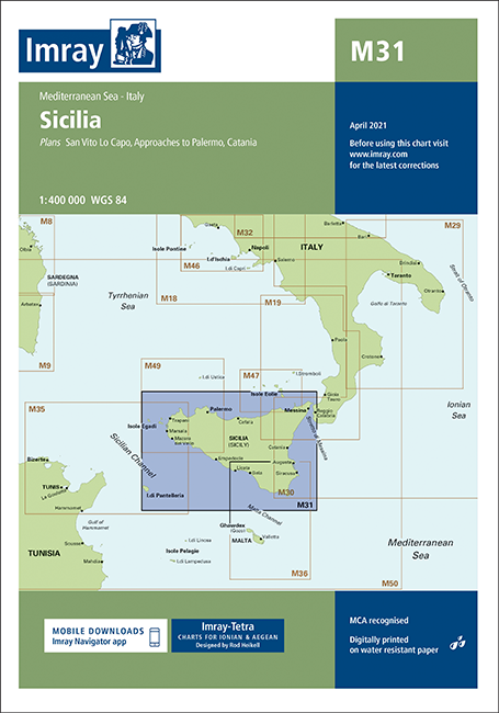 Carta Náutica Imray M31 - Sicilia - Carta náutica M31. Mediterranean - Italy Sicilia .   Edición inglesa 2015.   Escala 1: 400.000 WGS 84 Datum Printed on water resistant paper