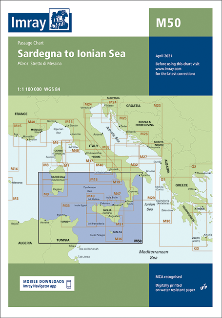 Carta Náutica Imray M50 - Sardegna to Ionian Sea - Carta náutica M50. Passage Chart - Sardegna to Ionian Sea .   Edición inglesa 2017.   Escala 1: 100.000 WGS 84 Datum Printed on water resistant paper