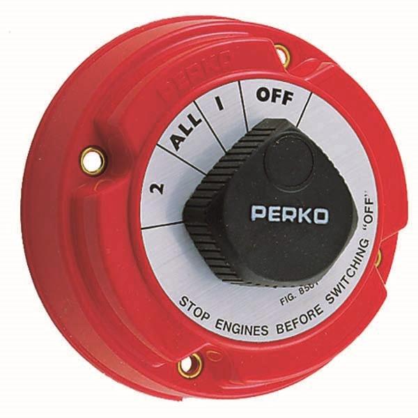 Interruptor-Desconectador Perko para 2 Baterias - 360 A Corriente máxima- 250 A. Corriente funcionamiento en continuo. Plástico con conexiones de cobre y terminales latón.