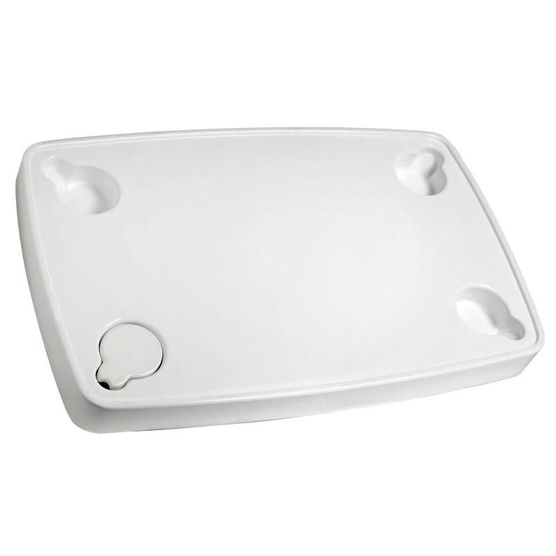 Tablero Mesa Rectangular ABS blanco 81x51 cm - Equipado con carcasas para 4 tazas, vasos o botellas. Viene con tapones para cerrar las carcasas para una superficie totalmente plana.