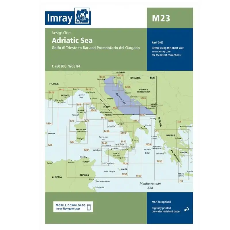 Carta Nutica Imray M23 - Adriatic Sea Passage Chart Edicin inglesa Abril 2023 - Carta nutica M23. Adriatic Sea. Edicin inglesa Abril 2023 Escala 1: 750.000