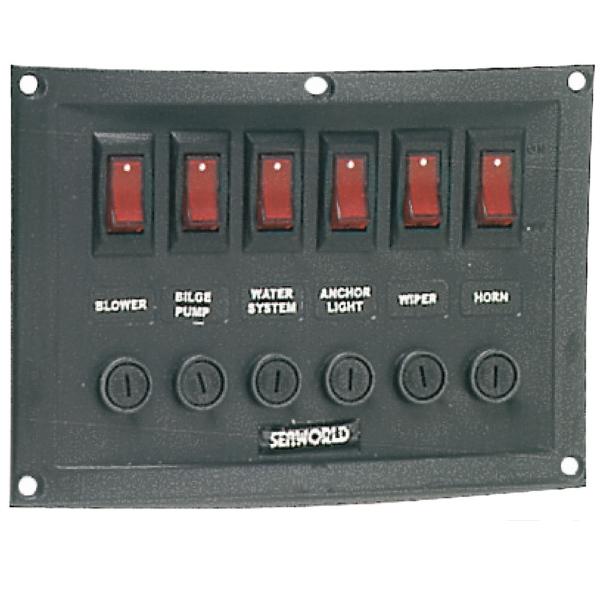 Panel Electrico horizontal 6 interruptores Seaworld - 6 Interruptores.Panel Nylon negro. Medidas 114 x 165 mm