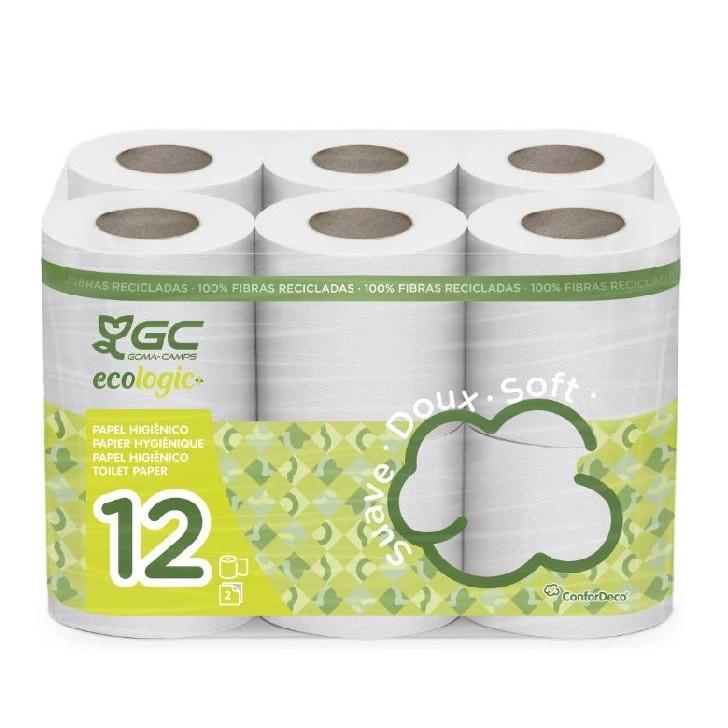 Papel Higienico Ecologico 12 Rollos - Papel especial para W.C. Biodegradable, evita los atascos y la degradación de las turbinas. 2 capas. Eco.100% Fibras recicladas. 12 rollos de 14 m. c/u. 168 metros totales de papel de baño.