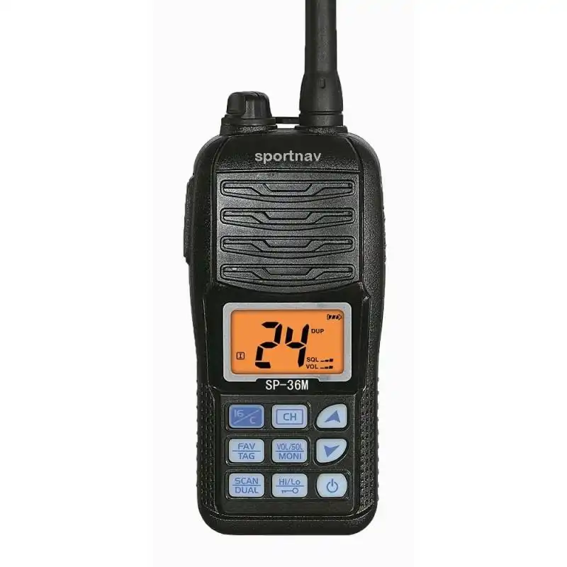 Radiotelefono VHF marino portatil Sportnav SPO36M - Radiotelefono  VHF porttil marino, de reducidas dimensiones, sumergible IPX7, FLOTA, diseado para un uso profesional, con un alto rendimiento y larga duracin de la batera.