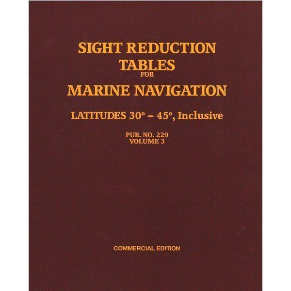 Sight Reduction Tables HO-229 Marine Navigation Volume III Latitudes 30-45 - Commercial Edition - This is the standard set of tables designed for marine navigation. Although there are 6 volumes in a set, only those pertaining to the latitudes anticipated need be obtained.