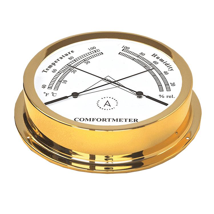 Termometro-Higrometro 175  - Base: 175 mm - Dial: 150 mm - Altura superior: 40 mm - Acabado de la caja Latón Dorado o Cromada