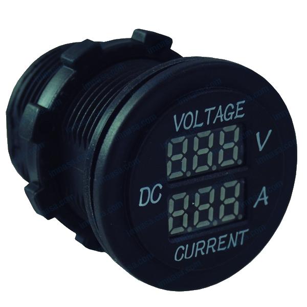Voltimetro - Amperimetro Digital  - Medición de 0 a 30V y de 0 a 10 A. Sin marco. Incluye terminales de conexión. Diámetro esfera 36 mm. Diámetro empotrar 28 mm